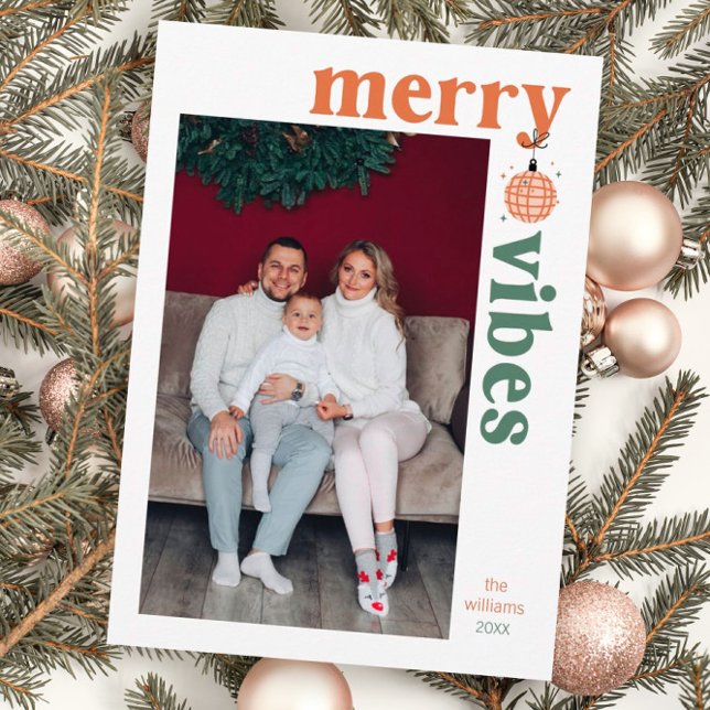 Merry Vibes Retro Family Photo Holiday Card (Creator Uploaded)