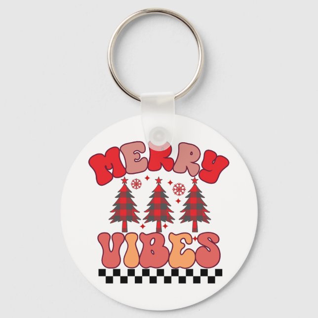 Merry Vibes Retro Groovy Christmas Holidays Keychain (Front)