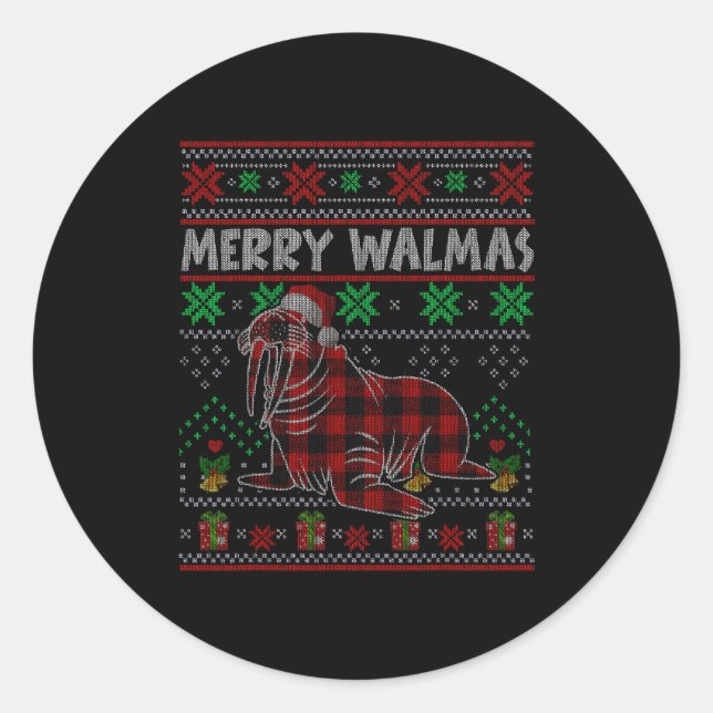 Merry Walmas Ugly Christmas Sweater Walrus Sea Ani Classic Round Sticker (Front)