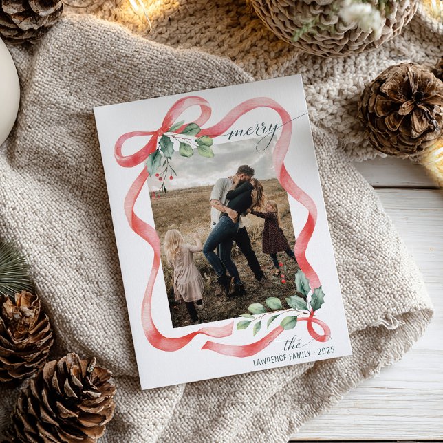 Merry Watercolor Bow Frame One Photo Christmas Holiday Card (Whimsical watercolor red ribbon bow with holly greenery Merry Christmas unique photo Holiday Card)