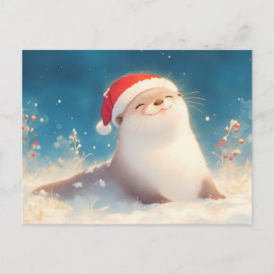 Merry Watercolor Otter Christmas Postcard