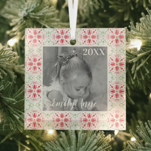 Merry Whimsical Snowflake Fun Photo Personalized Glass Ornament (Insitu)