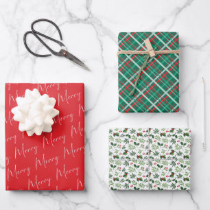 Merry Winter Plaid Botanical Christmas Pattern Wrapping Paper Sheet
