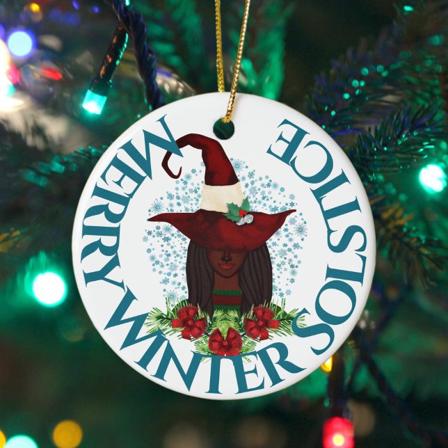 Merry Winter Solstice African American Yule Witch Ceramic Ornament (Creator Uploaded)