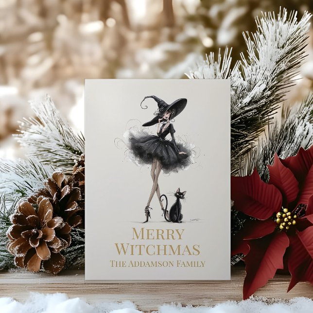 Merry Witchmas Gothic Witch Custom Greeting Card (Merry Witchmas Gothic Witch Custom Greeting Card on a wooden table with Christmas decoration)