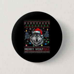 Merry Wolfmas Merry Christmas Wolf Ugly Sweater Fu 2 Inch Round Button