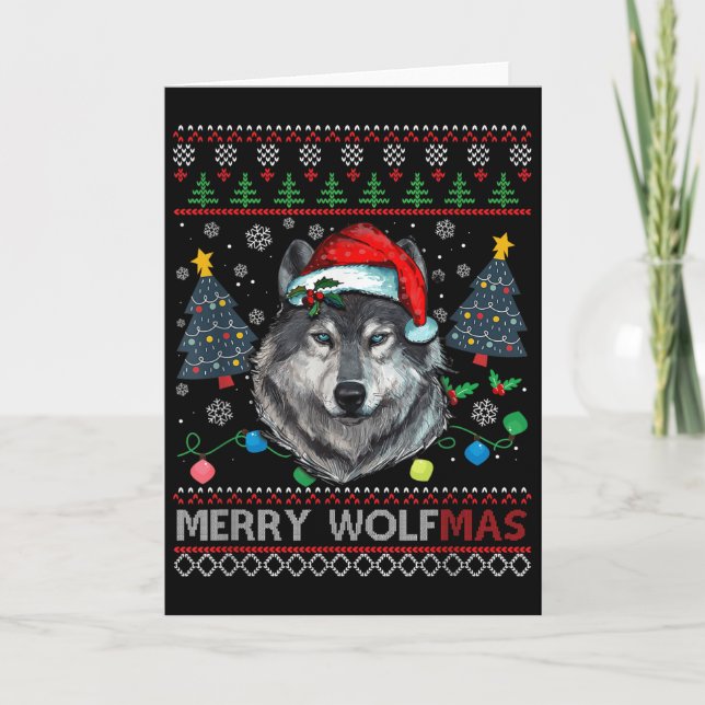 Merry Wolfmas Merry Christmas Wolf Ugly Sweater Fu Card (Front)
