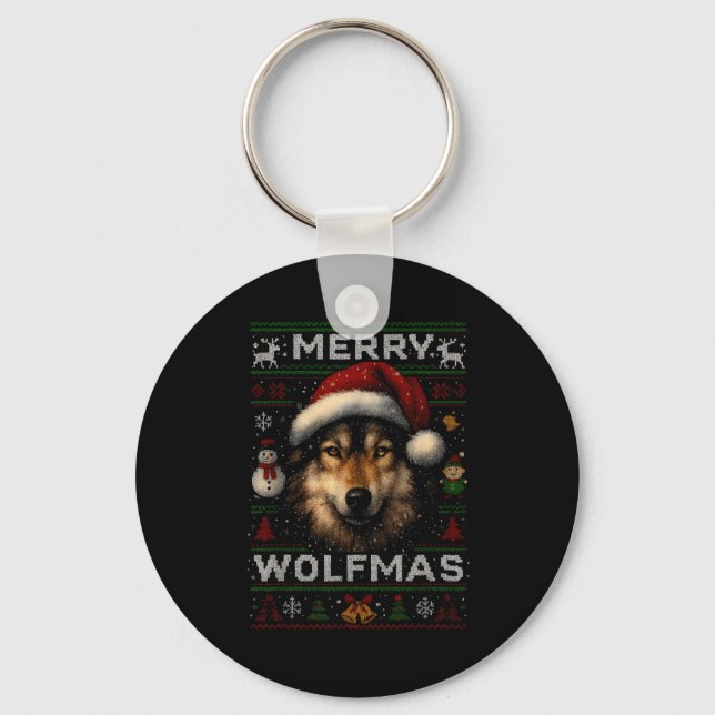 Merry Wolfmas Merry Christmas Wolf Ugly Sweater Fu Keychain (Front)
