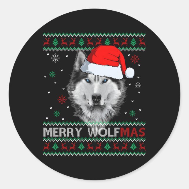 Merry Wolfmas Merry Wolf Ugly Classic Round Sticker (Front)