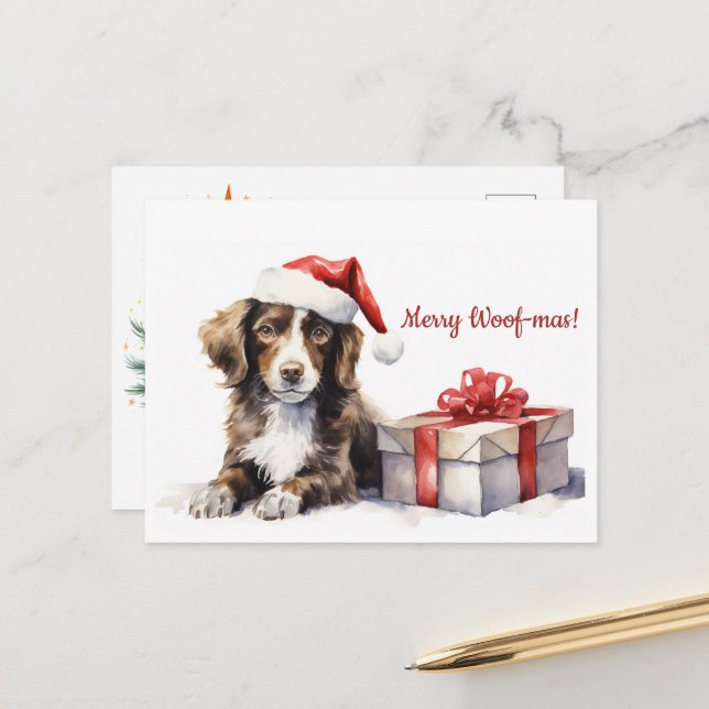 Merry Woof-mas Dog Santa Hat Christmas Postcard (Front/Back In Situ)