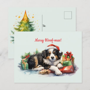 Merry Woof-mas Dog Santa Hat Presents Christmas Postcard
