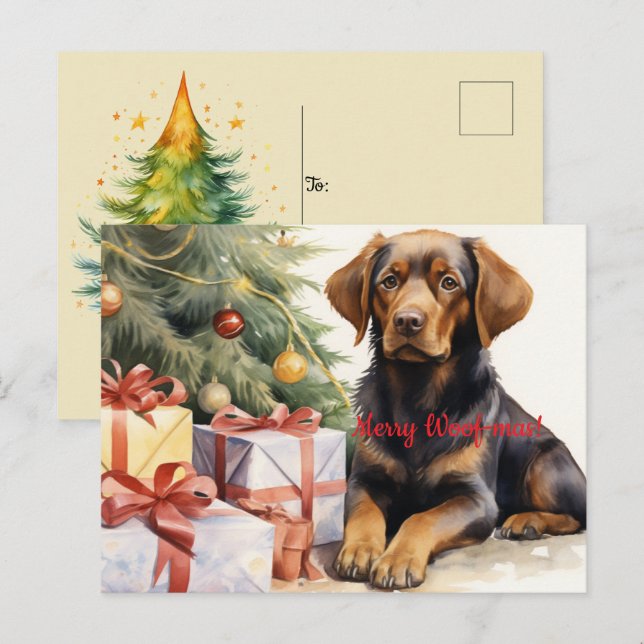 Merry Woof-mas Dog Tree Presents Christmas Postcard (Front/Back)