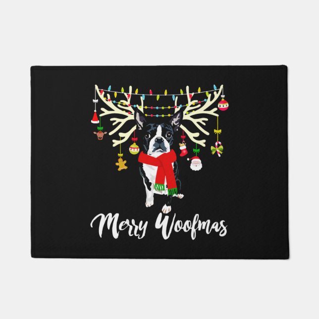 Merry Woofmas Boston Terrier Reindeer Christmas Do Doormat (Front)