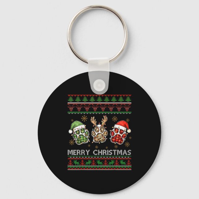 Merry Woofmas Christmas Dog Paws Leopard Ugly Swea Keychain (Front)