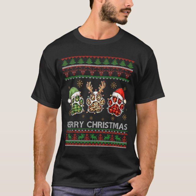 Merry Woofmas Christmas Dog Paws Leopard Ugly Swea T-Shirt (Front)
