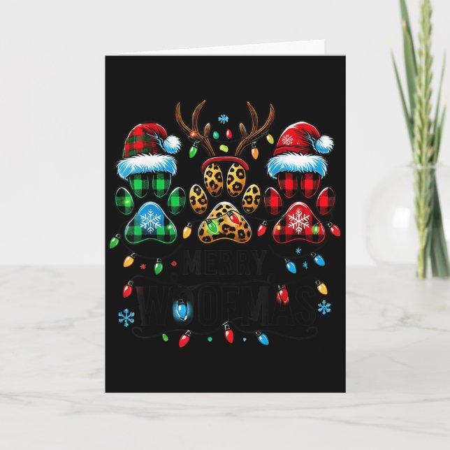 Merry Woofmas Christmas Dog Paws Lights Buffalo Pl Card (Front)