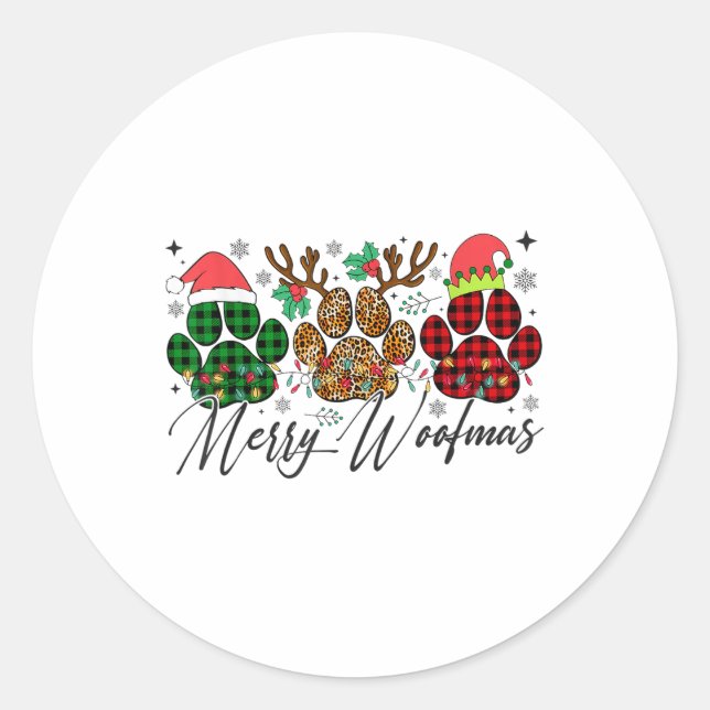Merry Woofmas Christmas Dog Paws Lights Buffalo Pl Classic Round Sticker (Front)
