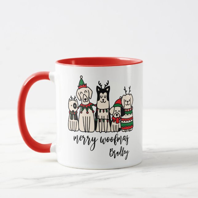 Merry Woofmas Cute Dogs Christmas Custom Name Mug (Left)