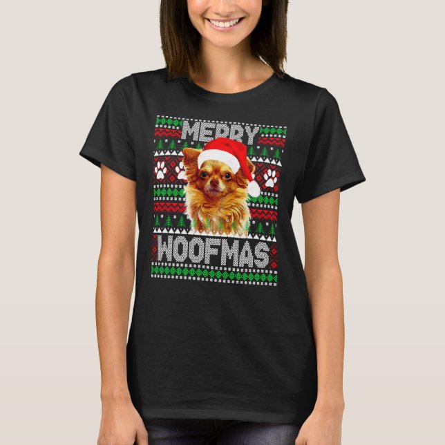 Merry Woofmas Cute Long Coat Chihuahua Dog Ugly Sw T-Shirt (Front)