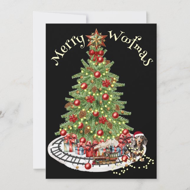 Merry Woofmas Dog Design- Dachshund Holiday Card (Front)