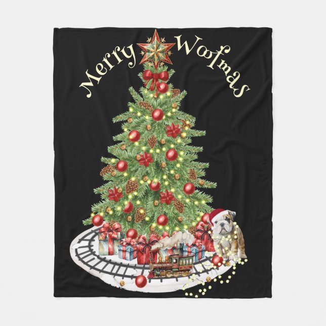 Merry Woofmas Dog Design- English Bulldog Fleece Blanket (Front)