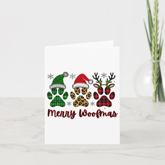 Merry Woofmas Dog Plaid Animal Paw Print Christmas Card (Front)