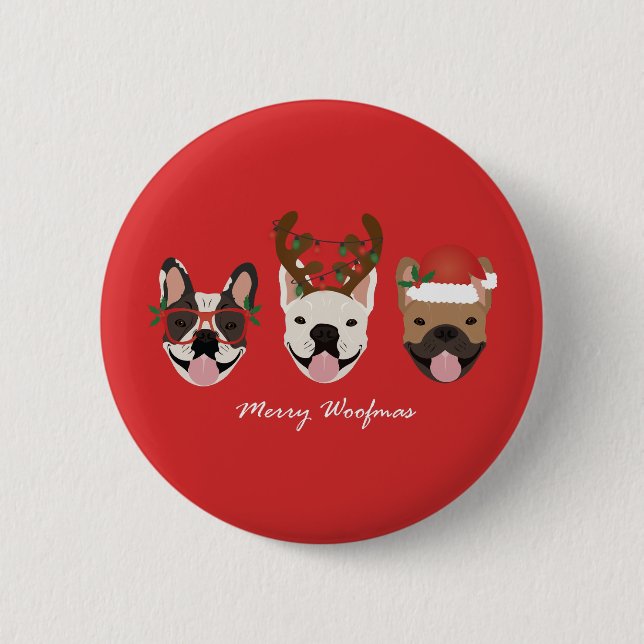 Merry Woofmas French Bulldogs Christmas Heads 2 Inch Round Button (Front)