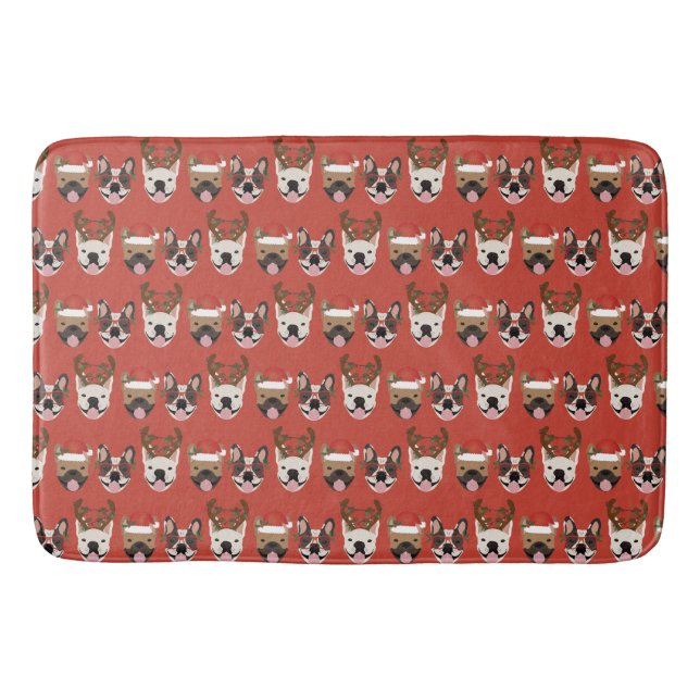 Merry Woofmas French Bulldogs Christmas Heads Bath Mat (Front)