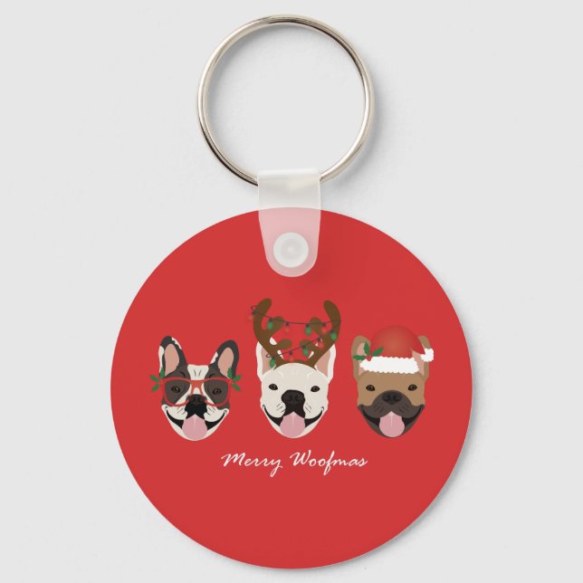 Merry Woofmas French Bulldogs Christmas Heads Keychain (Front)