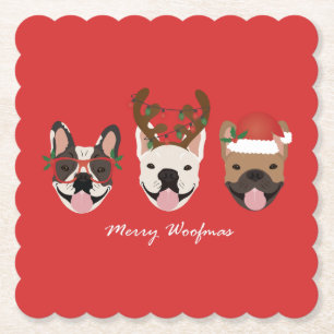 Merry Woofmas French Bulldogs Christmas Heads Paper Coaster