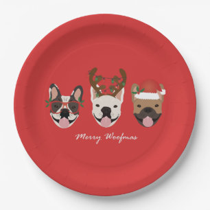 Merry Woofmas French Bulldogs Christmas Heads Paper Plate