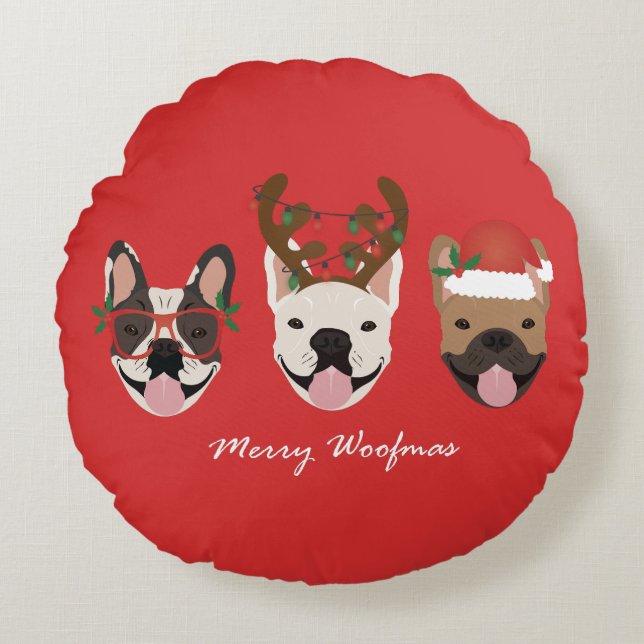 Merry Woofmas French Bulldogs Christmas Heads Round Pillow (Front)