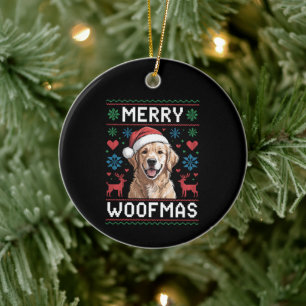 Merry Woofmas Golden Retriever Christmas Hat Dog Ceramic Ornament