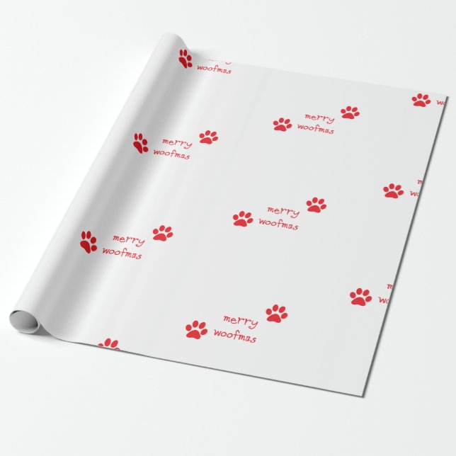 Merry Woofmas Paw Print Red Statement Wrapping Paper (Unrolled)