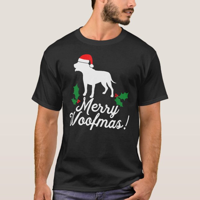 Merry Woofmas Pit Bull Christmas Dog T-Shirt (Front)