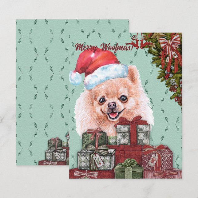 Merry Woofmas! Pomeranian Santa Hat Christmas Gift Card (Front/Back)