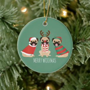 Merry Woofmas Pug Dogs Ceramic Ornament