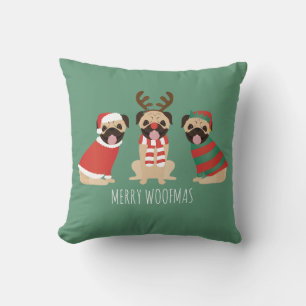 Merry Woofmas Pug Dogs Throw Pillow