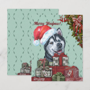Merry Woofmas! Siberian Husky Santa Hat Christmas Card