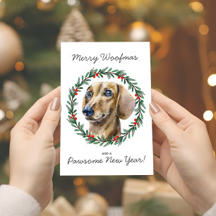 Merry Woofmas Watercolor Dachshund Wreath  Holiday Card