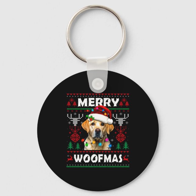 Merry Woofmas Yellow Labrador Christmas Ugly Sweat Keychain (Front)