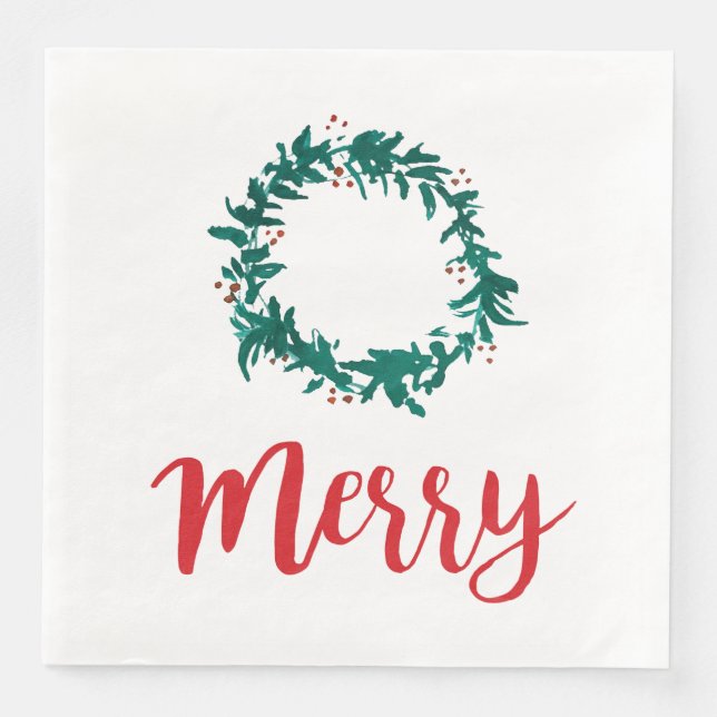 Merry Wreath Berry Red Script Christmas Napkin (Front)