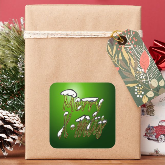 Merry X-mas Green Lettering Square Stickers (Holiday)