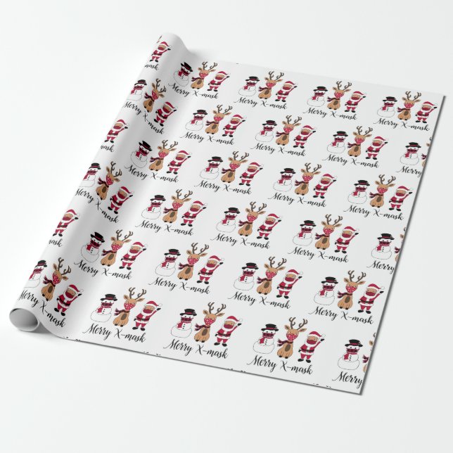 Merry X-Mask Funny Buffalo Plaid Santa Reindeer Wrapping Paper (Unrolled)