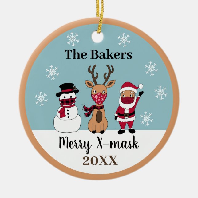 Merry X-Mask Funny Reindeer Snowman Santa Ceramic Ornament (Front)