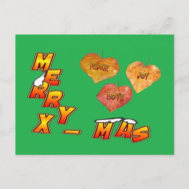 Merry Xmas & 3 heart shaped leaves green Postcard (Front)