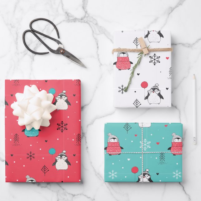 Merry Xmas Cute Happy Penguin in Red Winter Hat Wrapping Paper Sheet (Front)