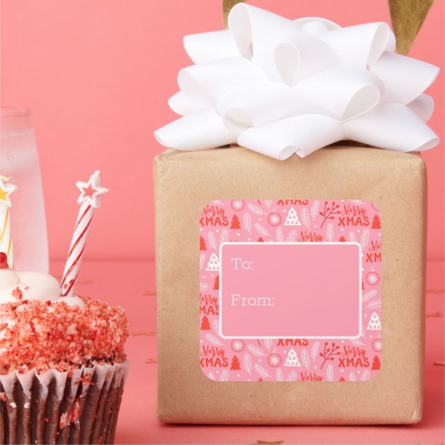 Merry Xmas Cute Pink Retro Botanical Christmas  Square Sticker (Party)
