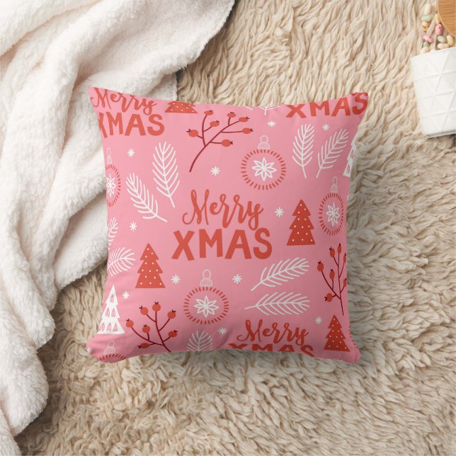 Merry Xmas Cute Pink Retro Botanical Christmas  Throw Pillow (Blanket)