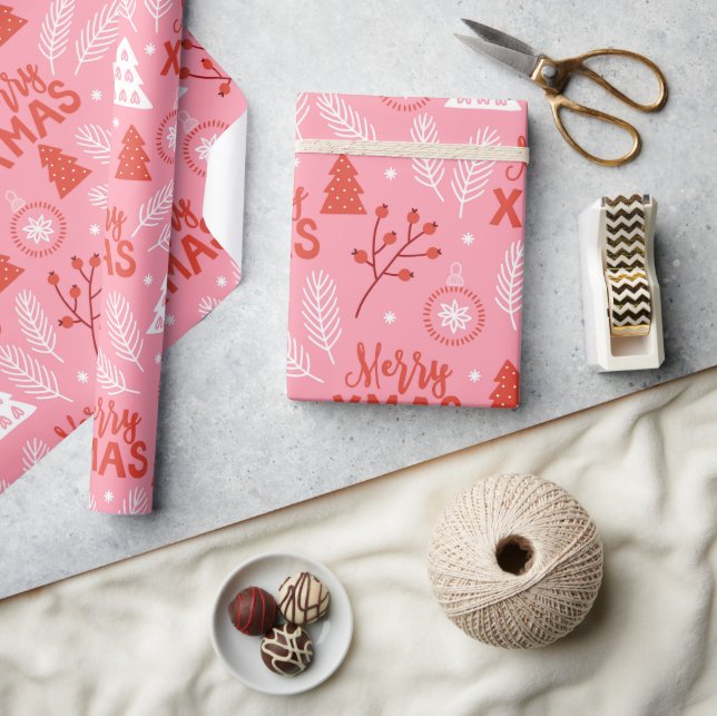 Merry Xmas Cute Pink Retro Botanical Christmas  Wrapping Paper (Crafts)